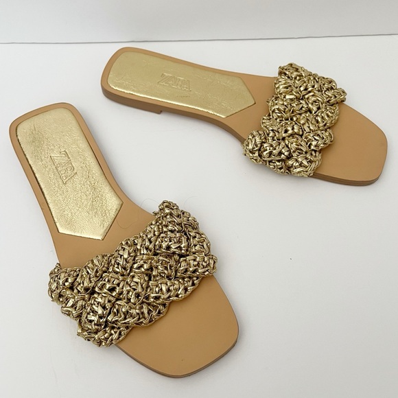 Zara Low Heel Woven Gold Metallic Strap Sandals Size 39/8 - Picture 1 of 6